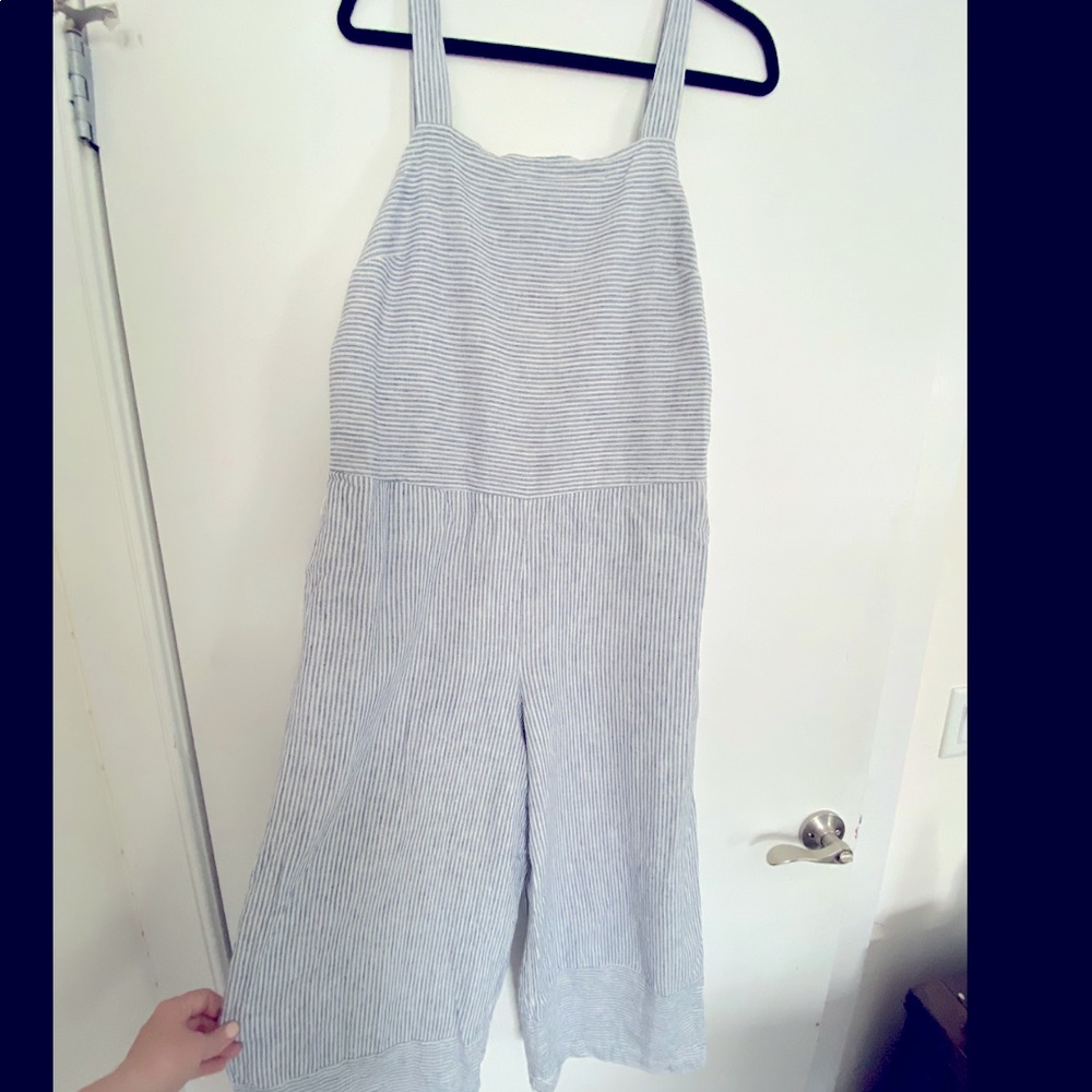 Blue striped capri length romper/jumpsuit